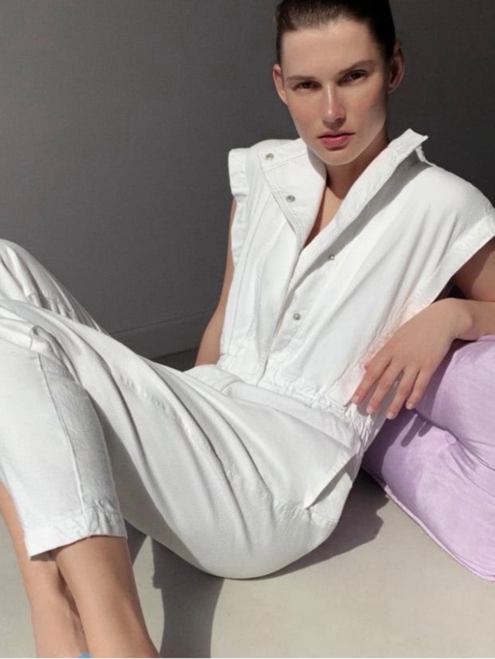 Zara White Denim Utility Jumpsuit Sleeveless Barrel Leg Snap Front Size M - Picture 5 of 11